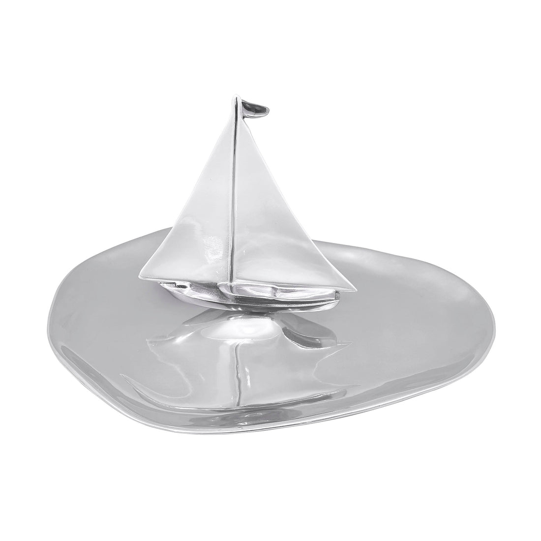 Mariposa White Sailboat Platter featuring a stand-up sailboat in crisp white enamel handcrafted from recycled aluminum