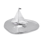 Mariposa White Sailboat Platter featuring a stand-up sailboat in crisp white enamel handcrafted from recycled aluminum