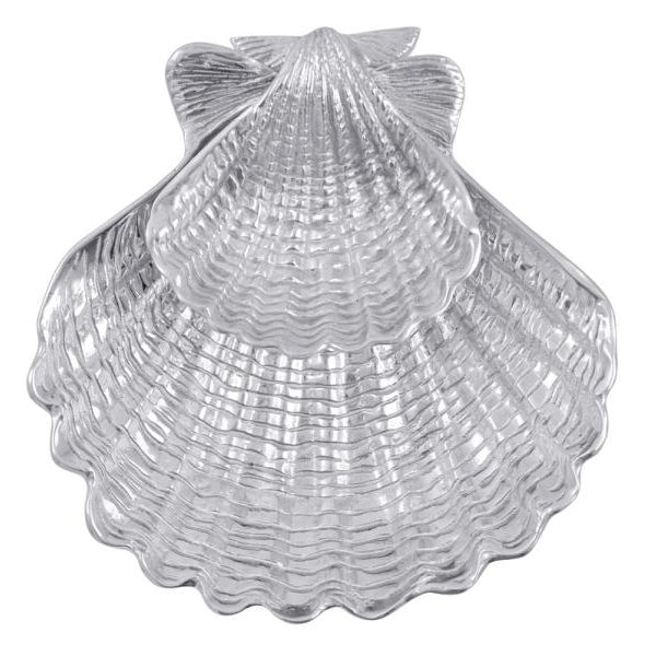 Mariposa Scallop Shell 2-Piece Chip and Dip Set featuring two interlocking scallop shell pieces handcrafted from recycled aluminum