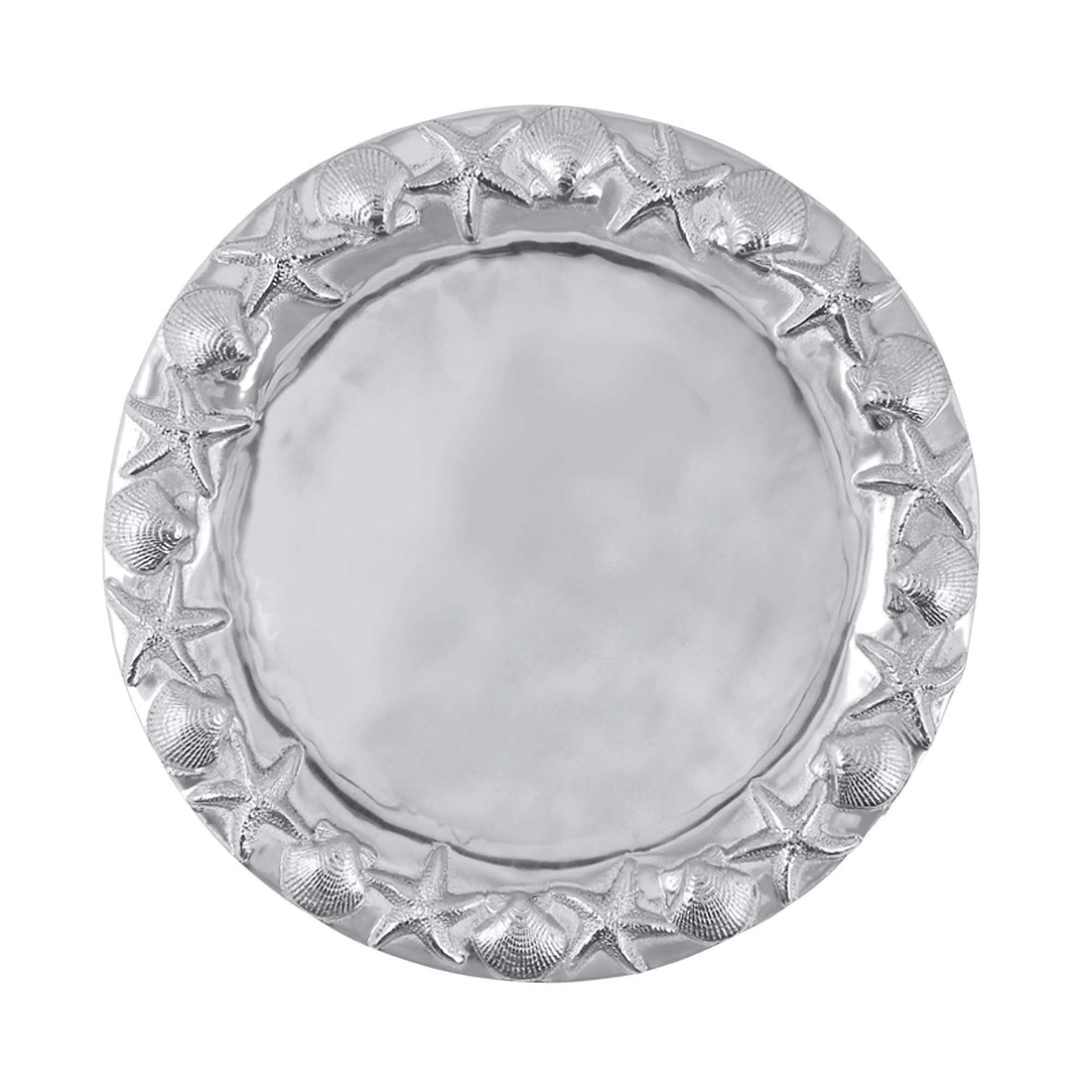 Mariposa Seashell Border Round Platter handcrafted from recycled aluminum with sculpted seashell border and smooth engravable center