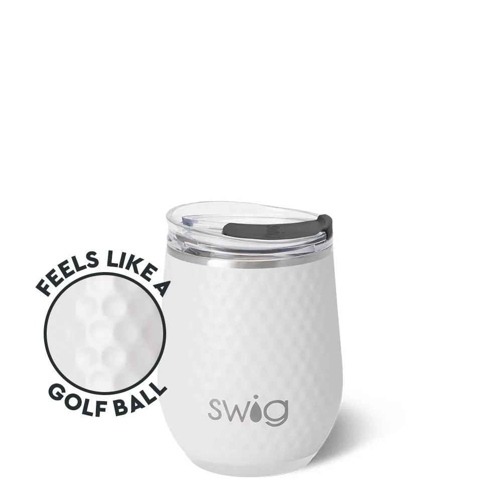 White tumbler with golf ball texture and 'SWIG' branding on a white background