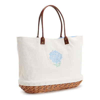 Basket Tote Bag with Embroidered Hydrangea and Magnetic Snap Closure