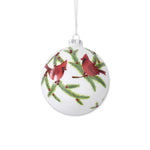 White Round Glass Ornament w/Cardinals
