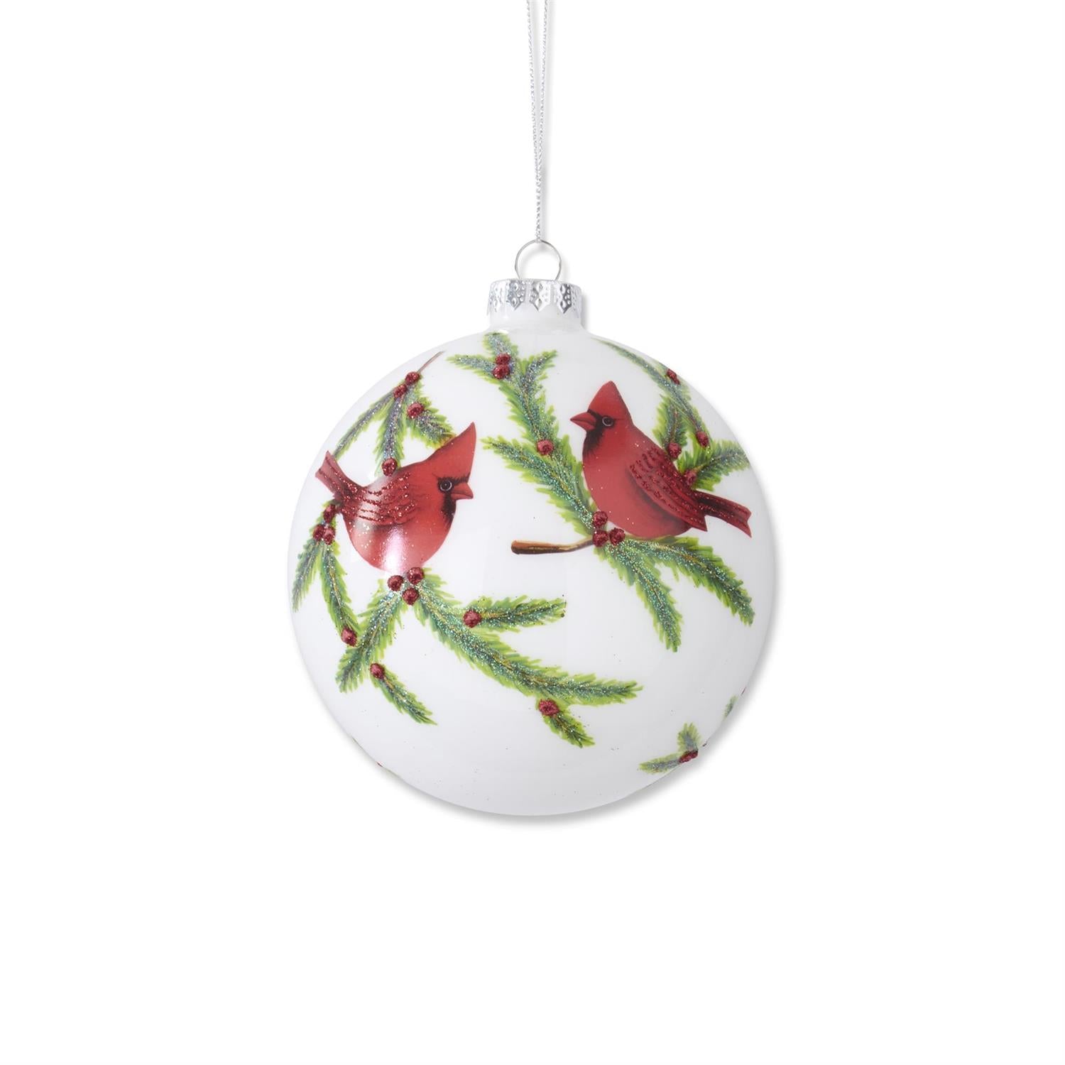 White Round Glass Ornament w/Cardinals