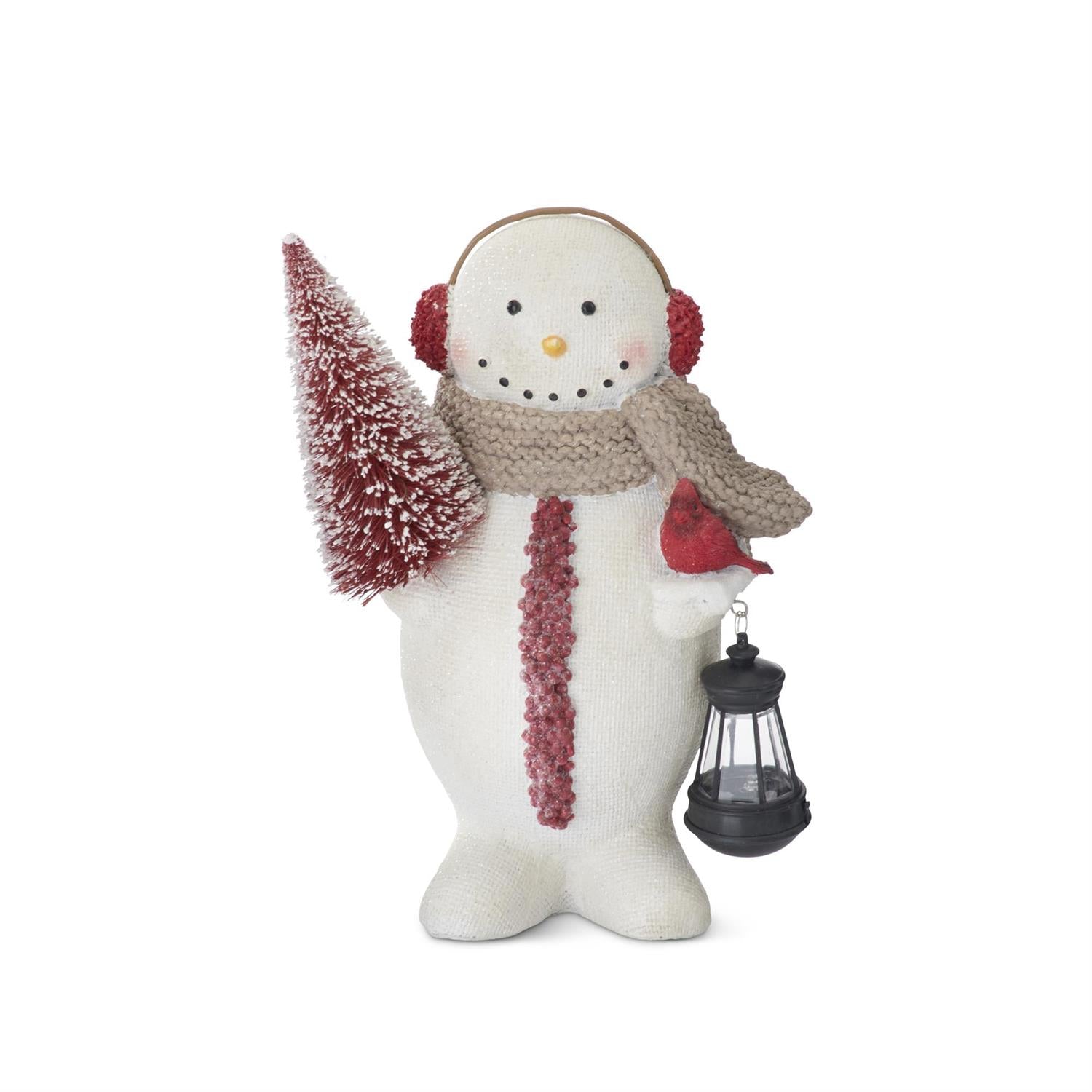 Resin Burlap Textured Snowman w/Red Bottle Brush Tree