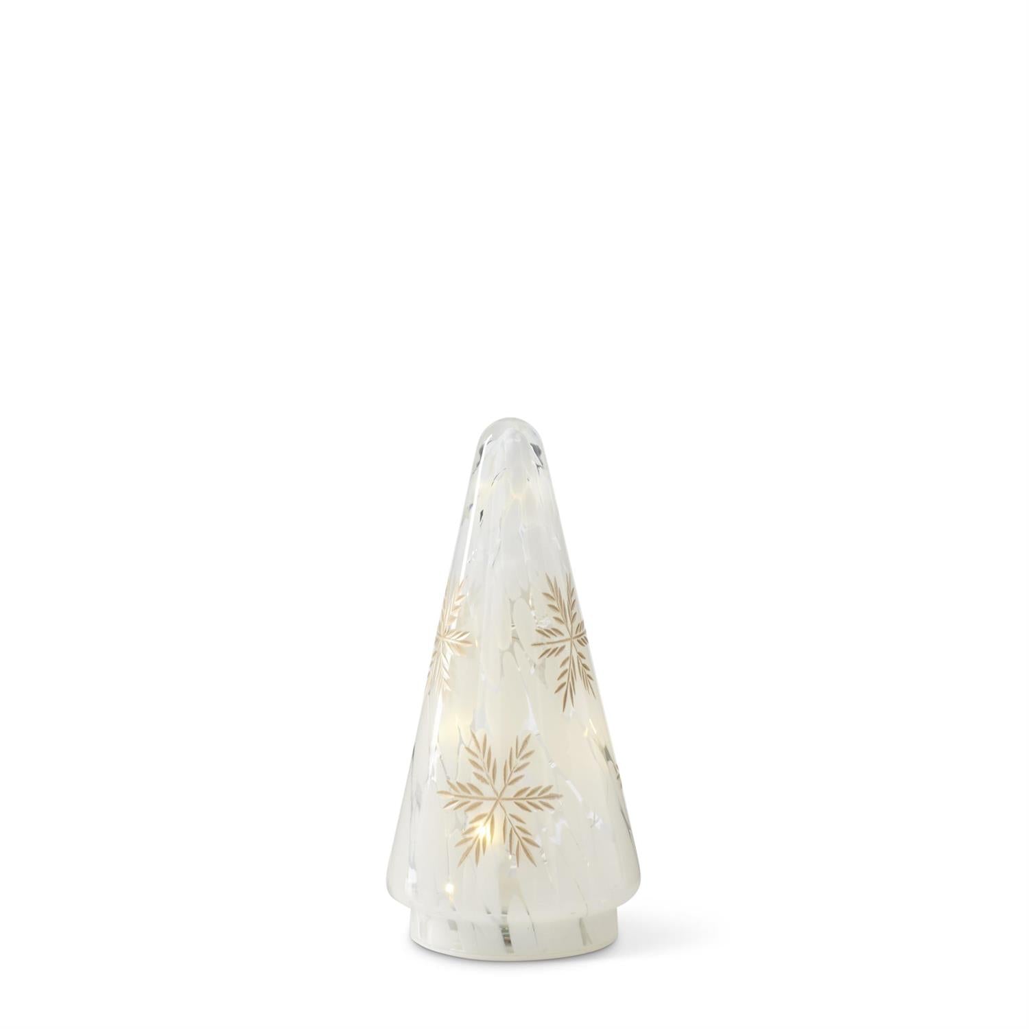 Gold Etched Snowflakes Frosty Glass LED Trees w/Timers