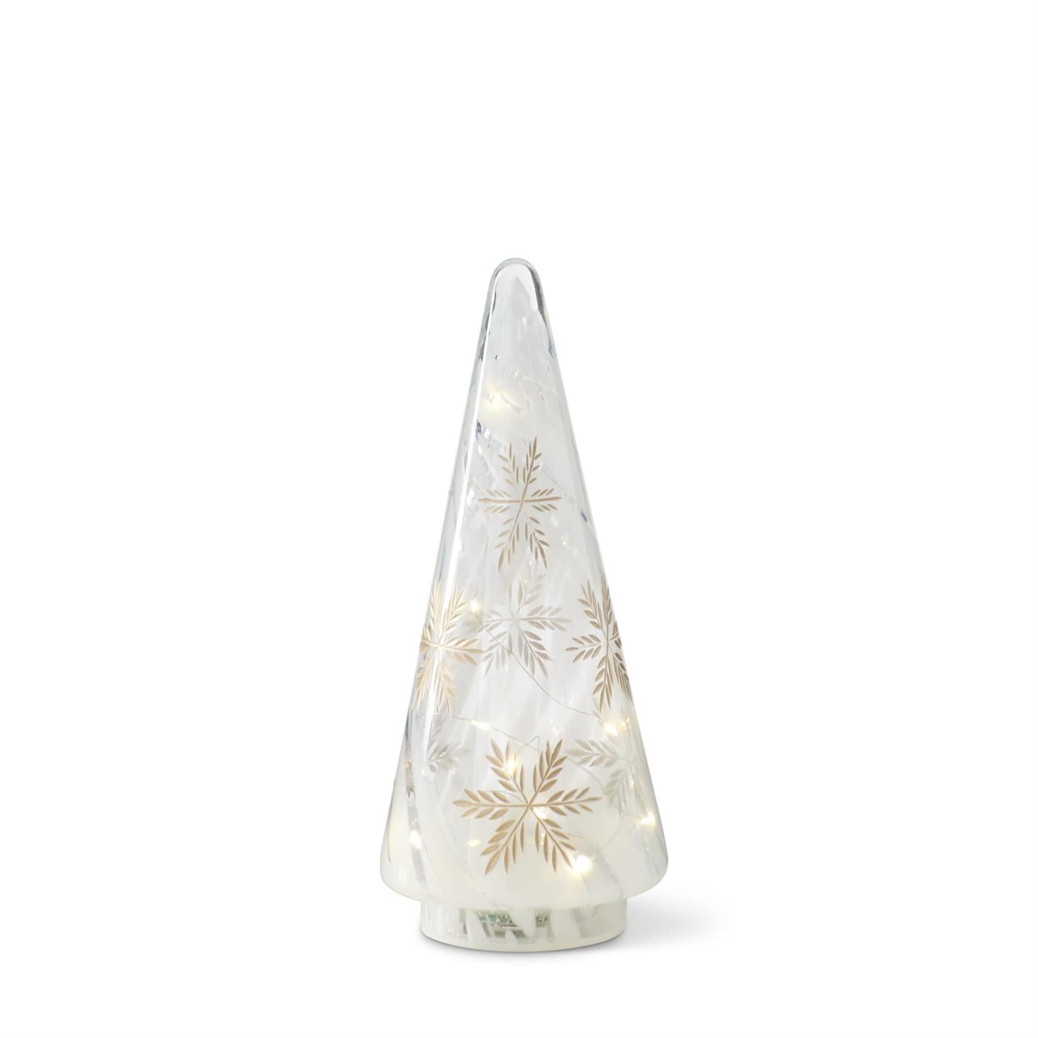 Gold Etched Snowflakes Frosty Glass LED Trees w/Timers