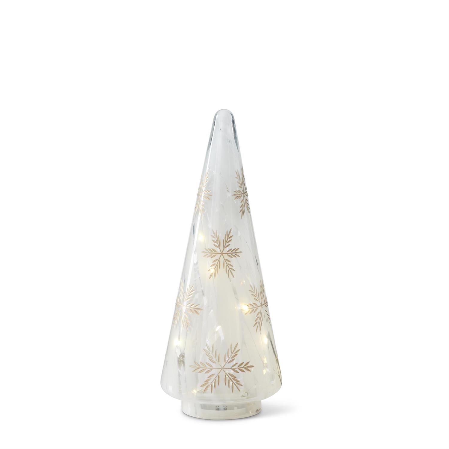 Gold Etched Snowflakes Frosty Glass LED Trees w/Timers