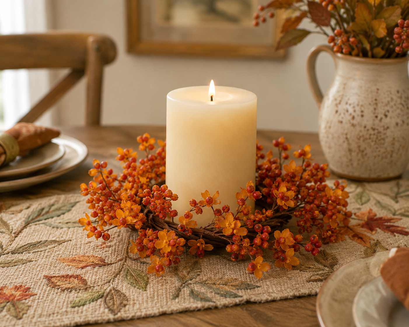 A lit cream pillar candle centered on a woven table runner, surrounded by orange and red berry branches with autumn leaves. The scene is set on a wooden dining table with plates, a ceramic pitcher, and a chair in a softly lit indoor setting.