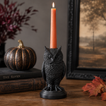 A black owl-shaped candle holder on a wooden table, holding a lit orange taper candle. The scene is styled with vintage books, a small pumpkin, red leaves, and a framed landscape print in the background.