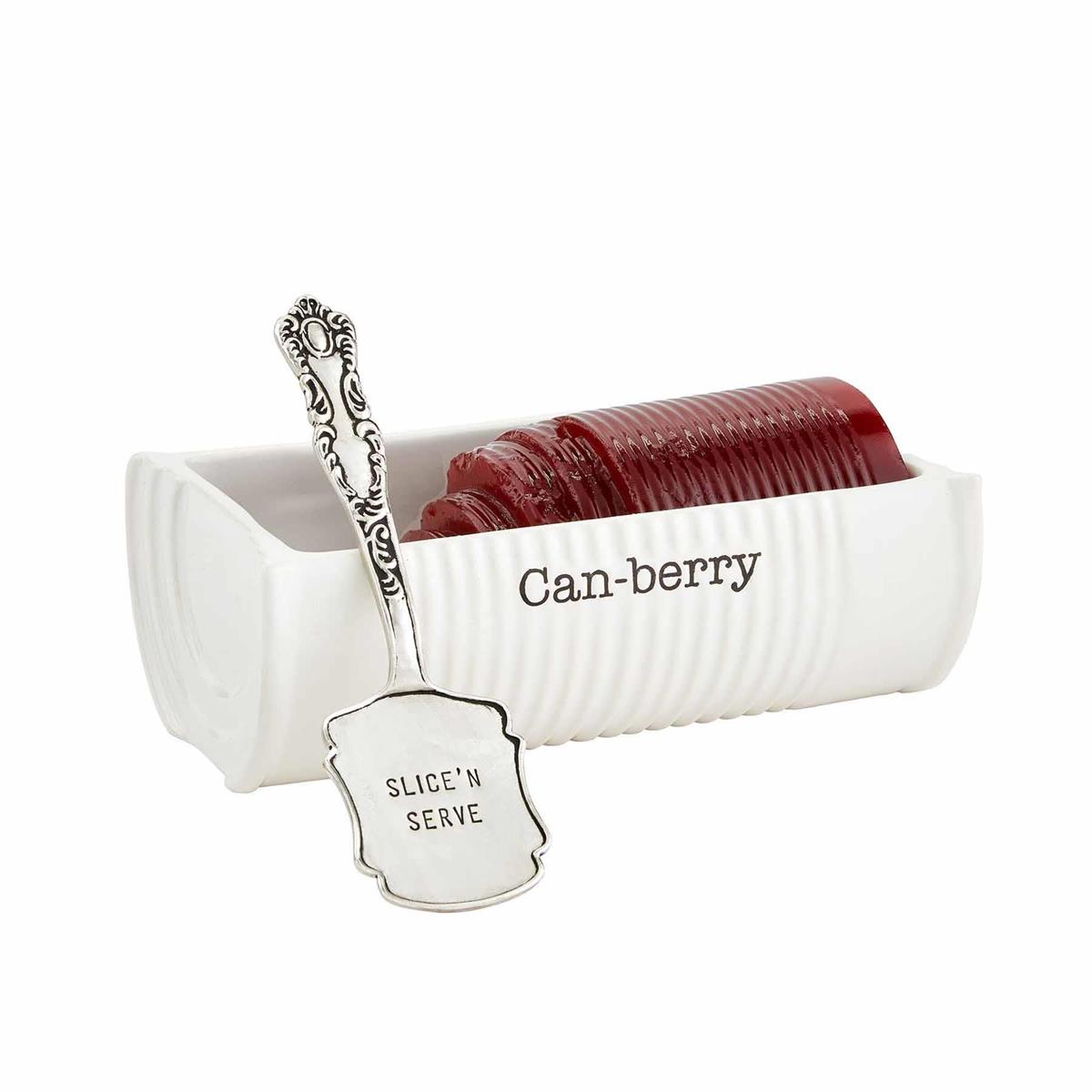 White container with red jelly and a silver spoon labeled 'Slice 'n Serve' on a white background