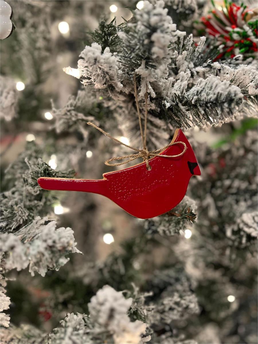 Hand-painted red cardinal stoneware remembrance ornament with twine hanger,