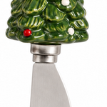 Christmas Tree stainless steel cheese spreader with hand-painted stoneware holiday figural handle, 5.5 inches long.