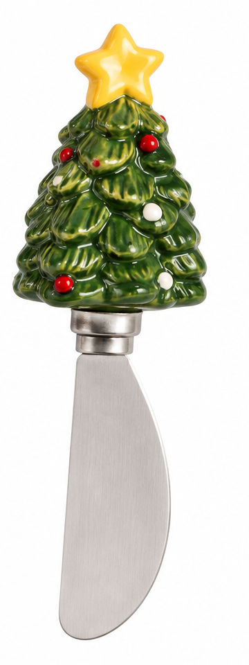 Christmas Tree stainless steel cheese spreader with hand-painted stoneware holiday figural handle, 5.5 inches long.