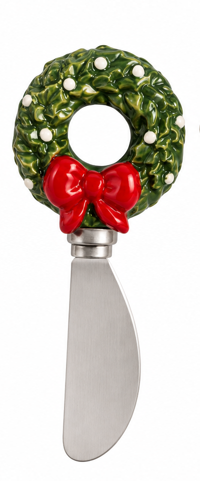 Christmas Wreath stainless steel cheese spreader with hand-painted stoneware holiday figural handle, 5.5 inches long.