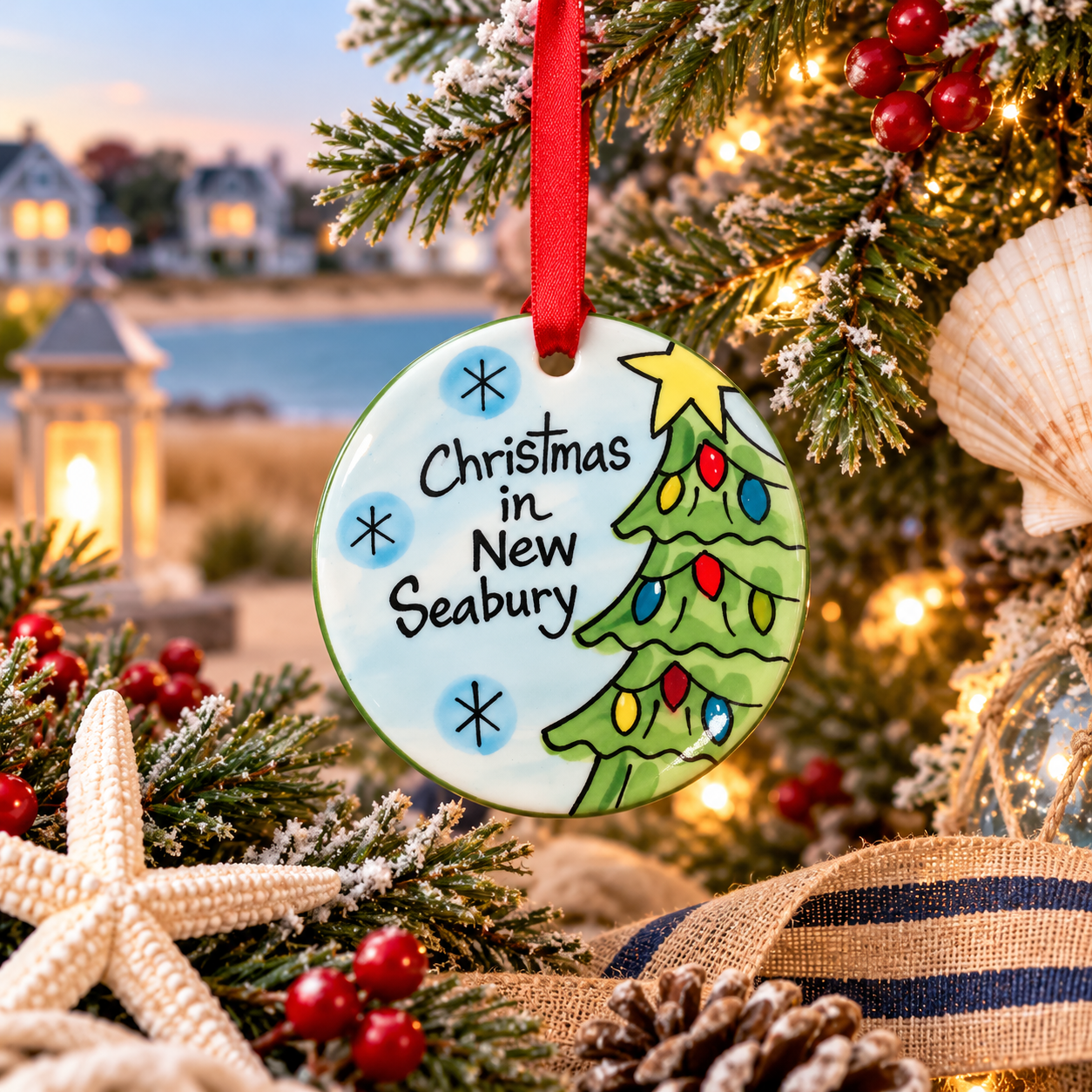 A flat, round ceramic Christmas ornament with a Christmas tree and the text 'Christmas in New Seabury'. 
