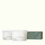 Thymes Frasier Fir Tidings Boxed Votive Candle Gift Set featuring two 3 oz scented candles with fresh Siberian fir, cedarwood and sandalwood fragrance.