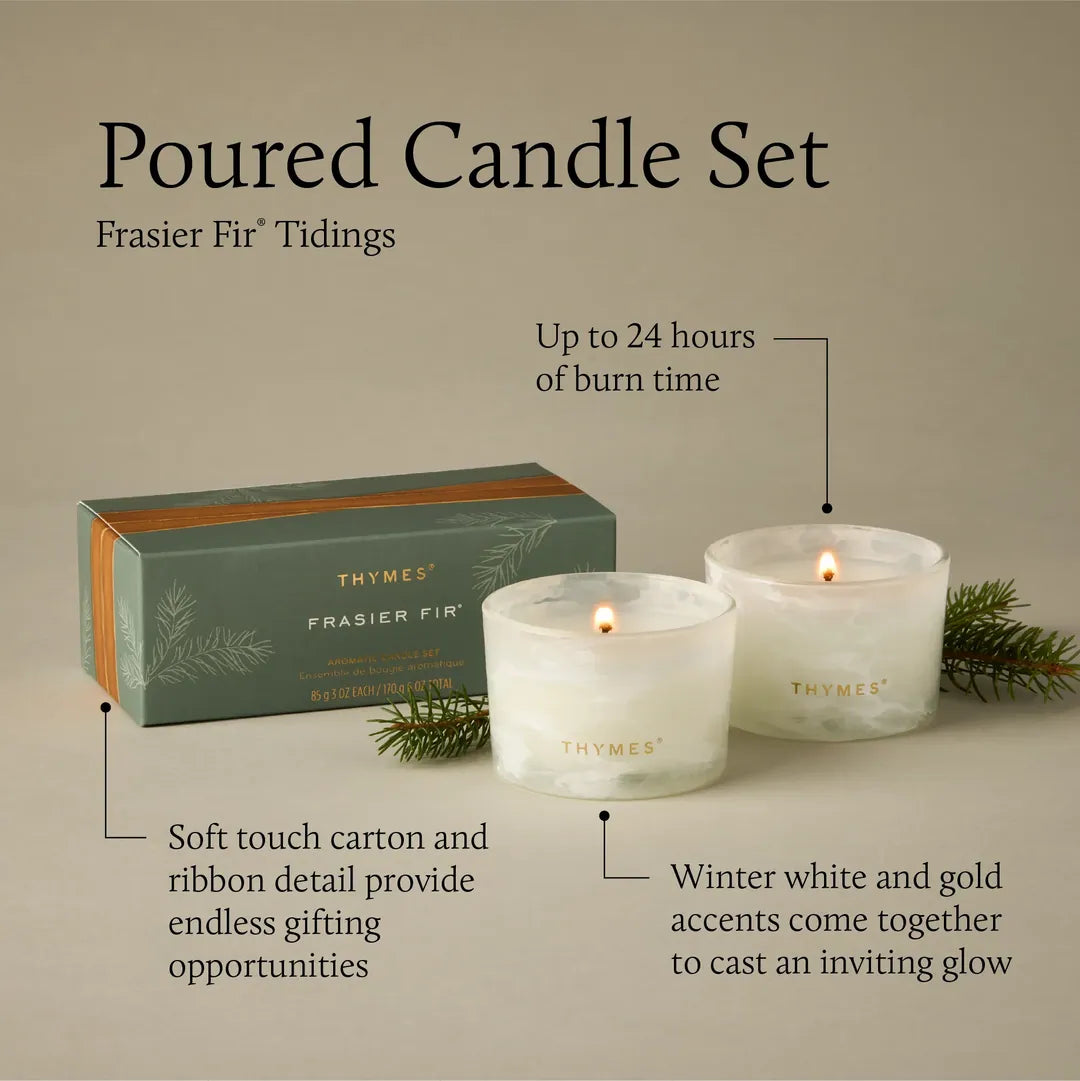 Thymes Frasier Fir Tidings Boxed Votive Candle Gift Set featuring two 3 oz scented candles with fresh Siberian fir, cedarwood and sandalwood fragrance.