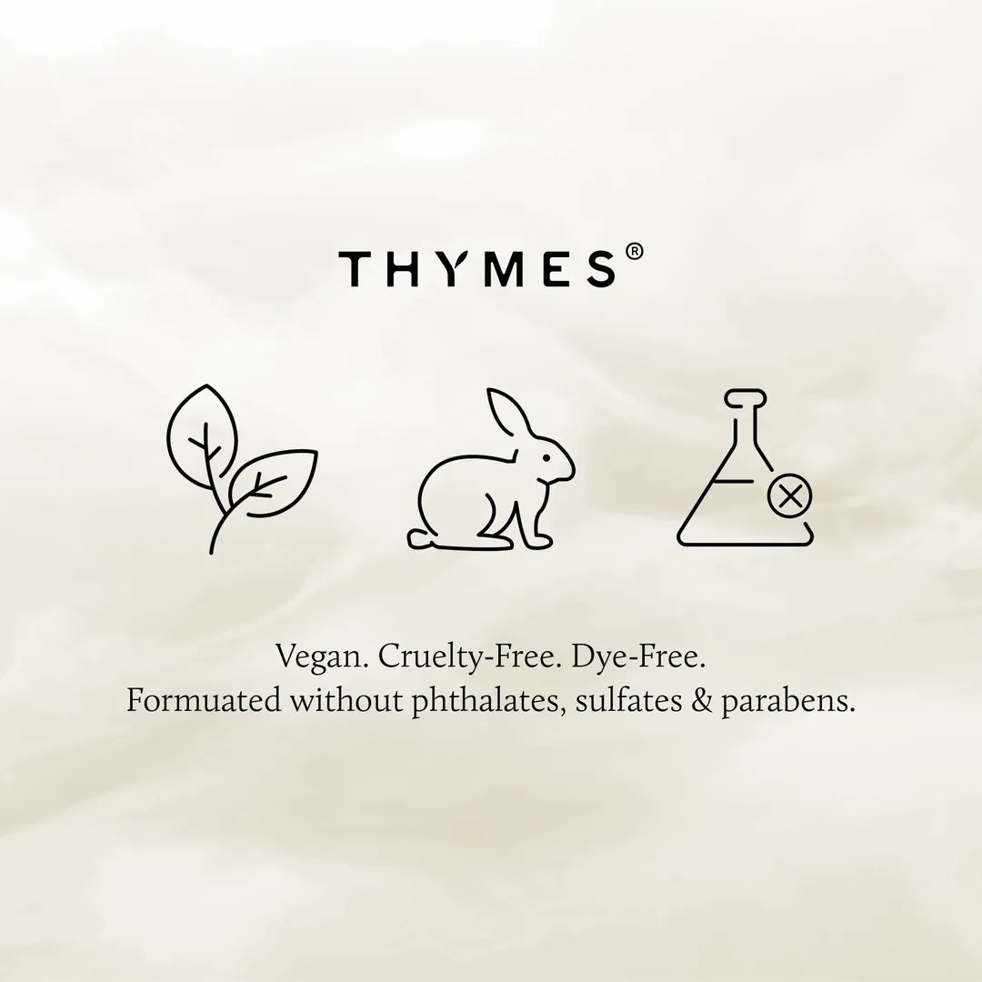 A clean graphic on a light cream background with the brand name THYMES centered at the top. Below, three thin black icons represent key product attributes: a leaf, a rabbit, and a beaker with an X.