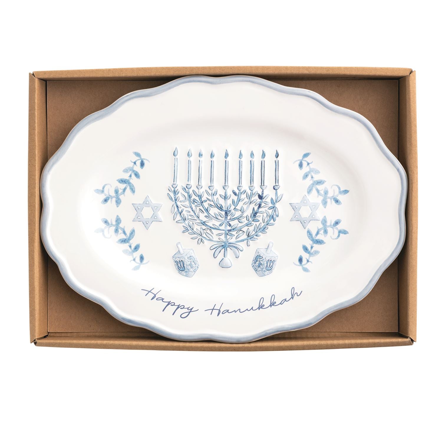 Blue and white ceramic Hanukkah serving plate with fluted edge, menorah, dreidels, Stars of David, and Happy Hanukkah sentiment, 7 x 10 inches.