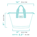 Measurement chart of a white lunch bag with handles, showing dimensions on a black background.