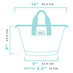 Measurement chart of a white lunch bag with handles, showing dimensions on a black background.