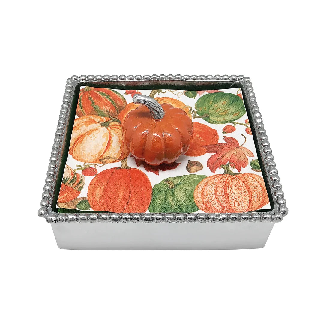 A square silver-toned keepsake box with a lid featuring a colorful autumn pumpkin and leaf pattern, shown on a plain white background.