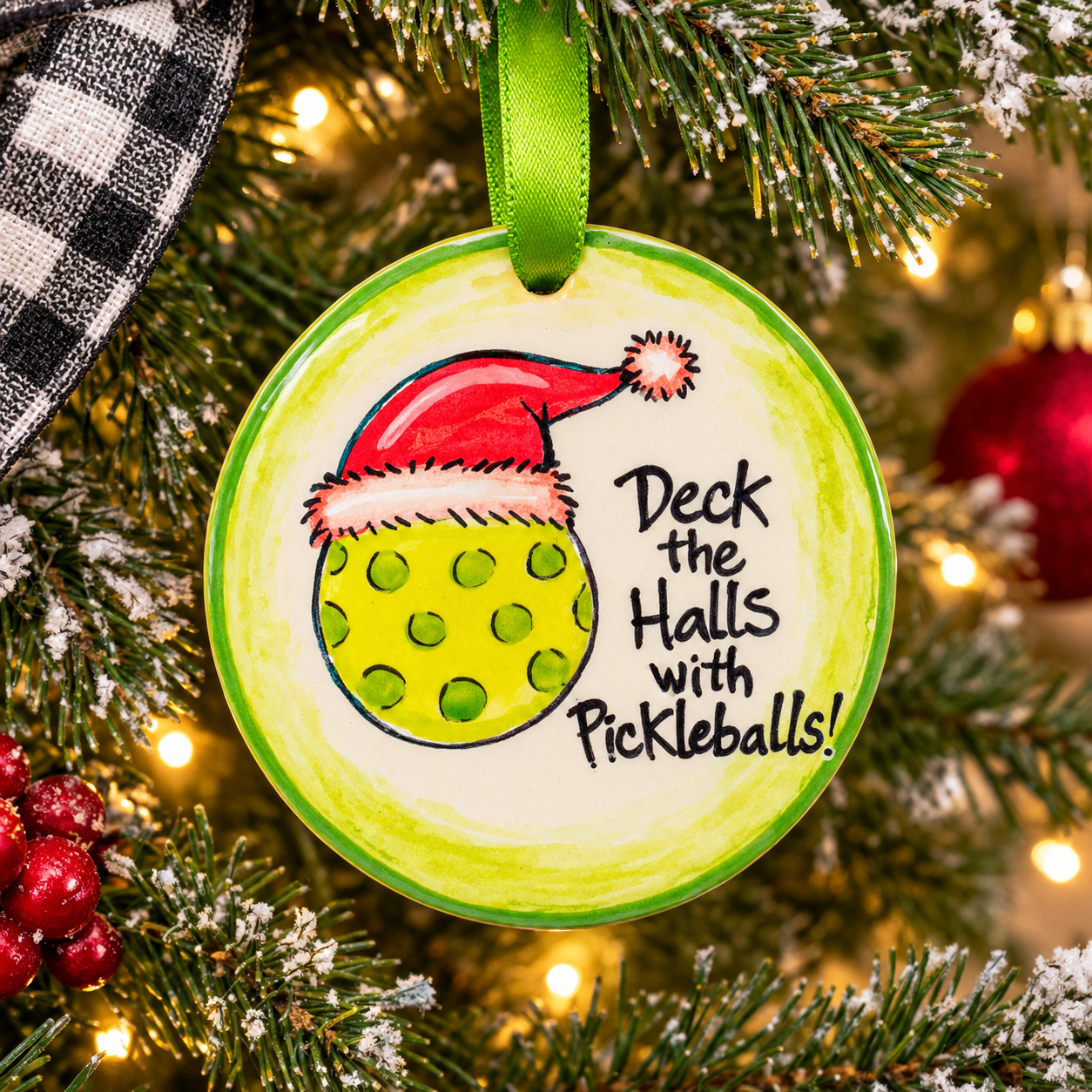 A large circular decorative ornament featuring a hand-painted pickleball design with a red Santa hat and the text 'Deck the Halls with Pickleballs!' is shown outdoors on a pickleball court. The ornament has a green ribbon at the top and text at the bottom reads 'PICKLEBALL Nola Walks Ornaments'.