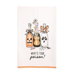 Halloween-themed bottle illustrations with pumpkins and ghosts, featuring the text 'What's your poison?' on a white background.