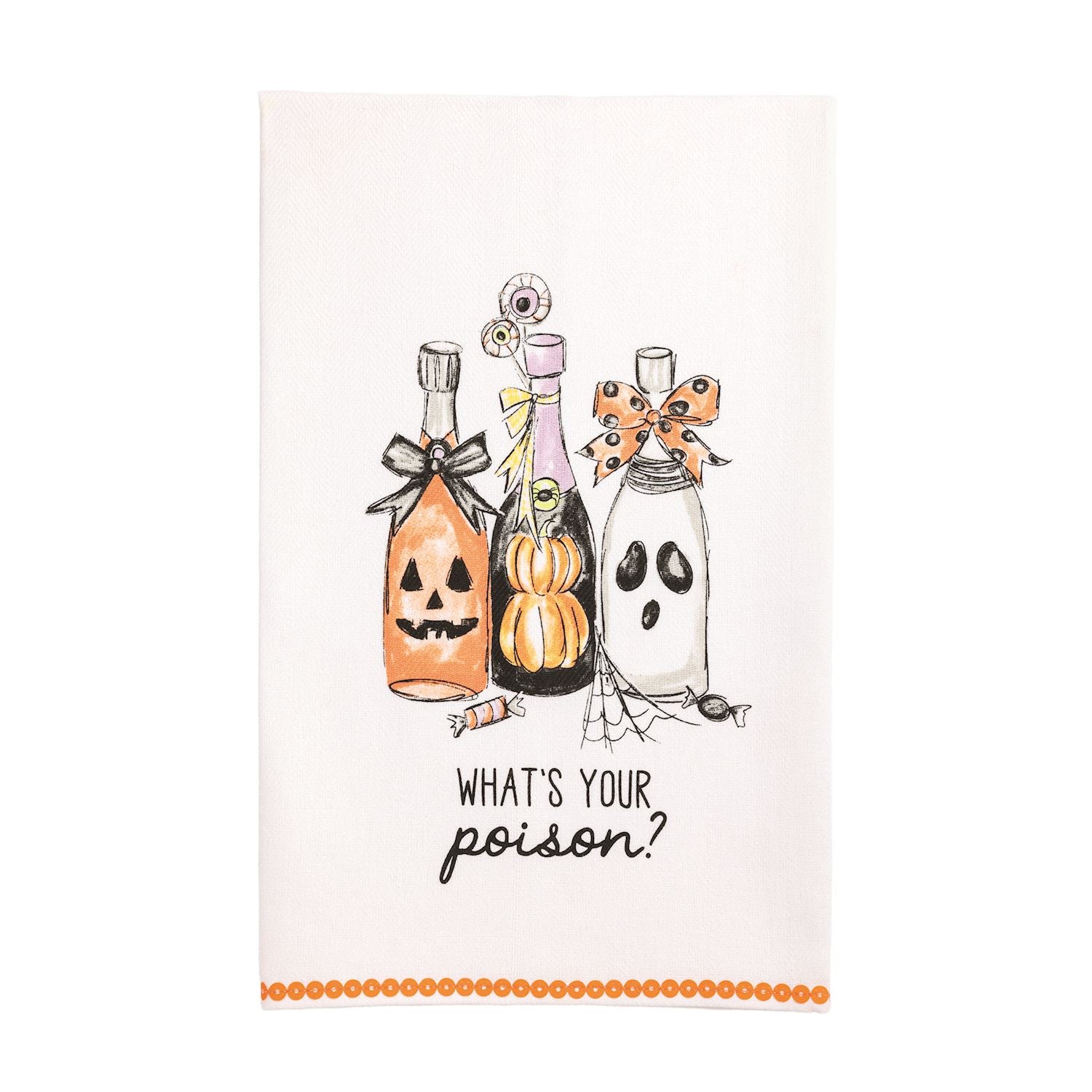 Halloween-themed bottle illustrations with pumpkins and ghosts, featuring the text 'What's your poison?' on a white background.