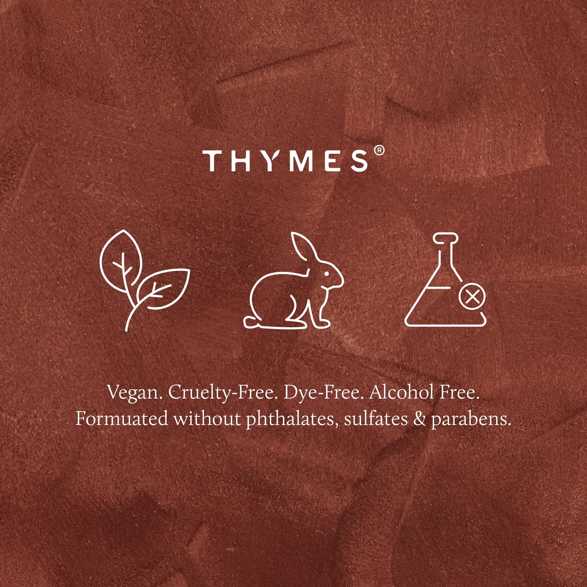 A textured brown background with the brand name THYMES in white at the top, three white line icons below (a leaf, a rabbit, and a flask), and white text stating 'Vegan. Cruelty-Free.