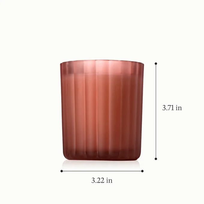 A translucent rose gold glass tumbler with a ribbed texture, shown with dimension lines indicating a height of 3.71 inches and a width of 3.