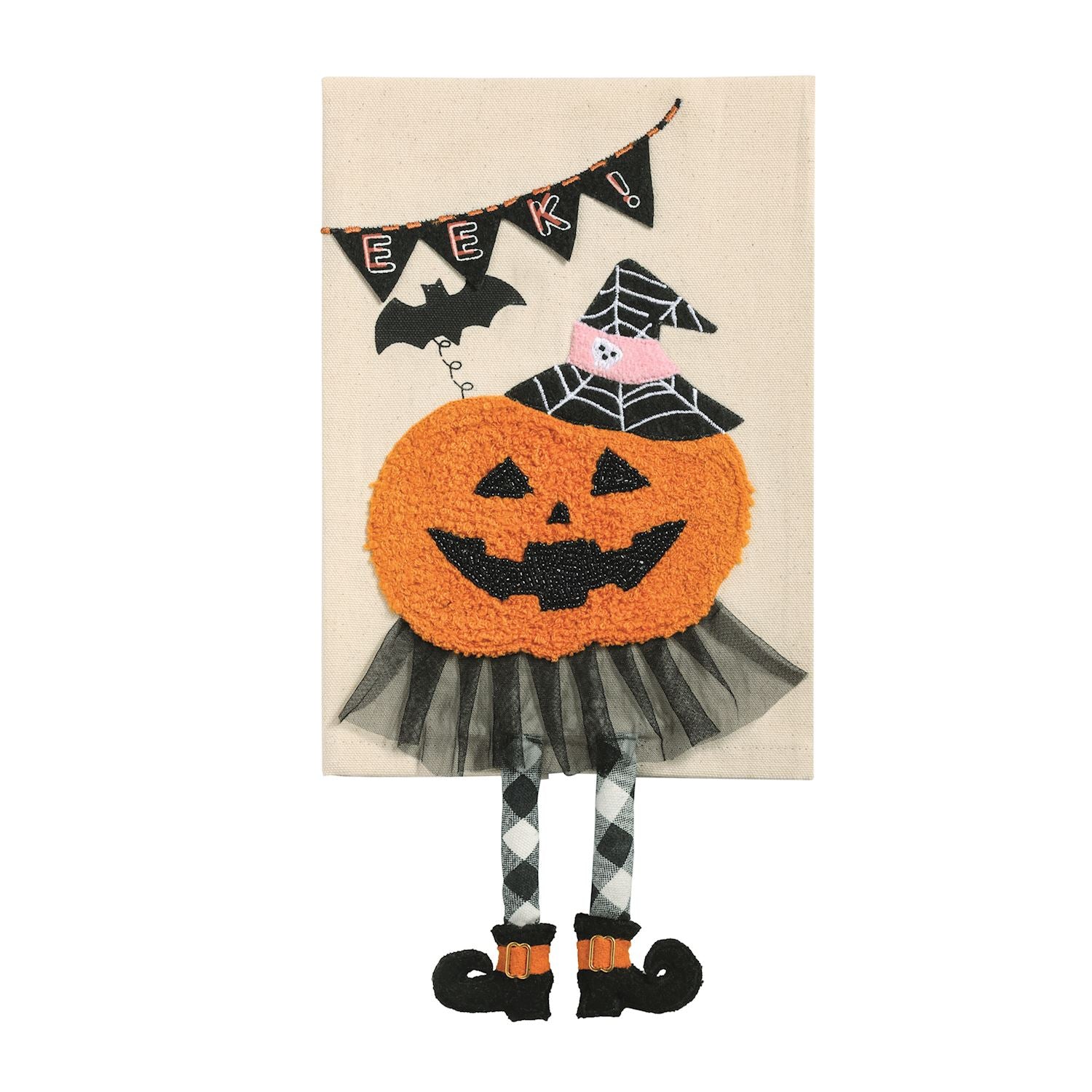 Halloween-themed decorative item with a pumpkin face, witch hat, and banner on a beige background.