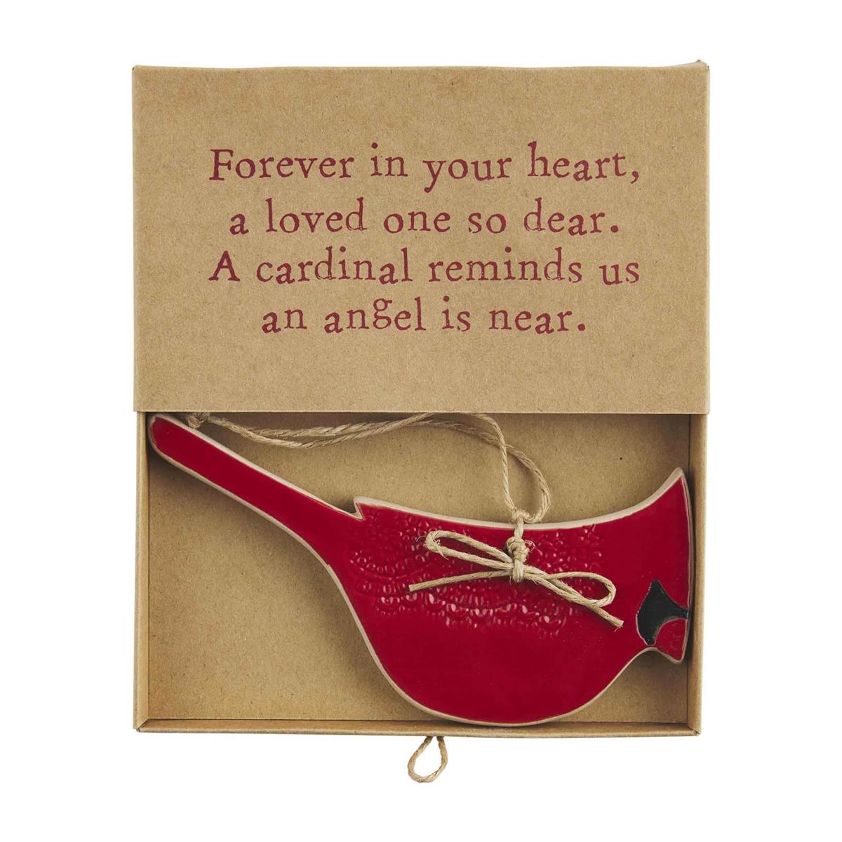 Hand-painted red cardinal stoneware remembrance ornament with twine hanger, displayed in a gift box with a heartfelt memorial poem.