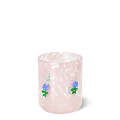 Swig Hydrangeas Charmed Juice Glass 17oz featuring 3D blue hydrangea charms on a soft speckled glass background