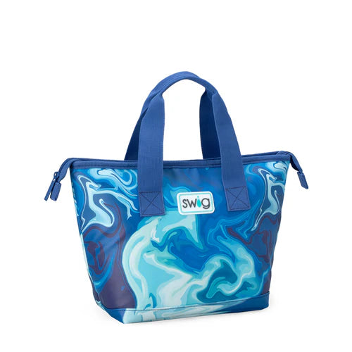 Swig Blue Lagoon Lunchi Lunch Bag featuring swirling aqua and navy blue pattern with zipper enclosure