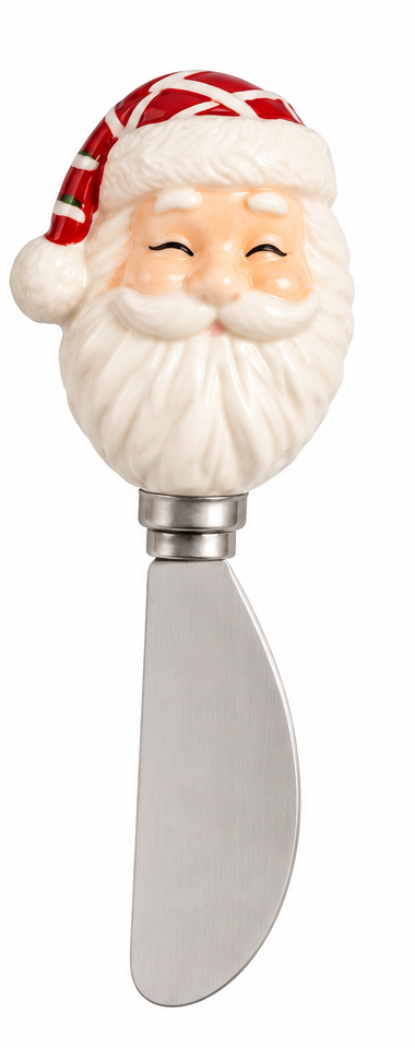 Santa  stainless steel cheese spreader with hand-painted stoneware holiday figural handle, 5.5 inches long.