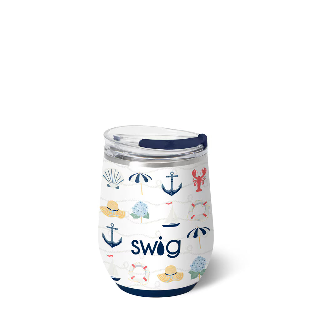 Swig tumbler with nautical-themed design on a white background