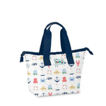 Tote bag with nautical pattern and navy handles on a white background