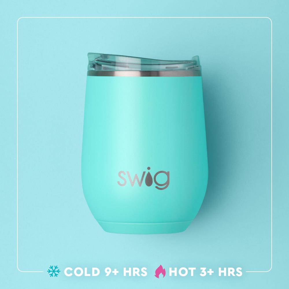 Turquoise tumbler with 'Swig' logo on a light blue background