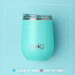 Turquoise tumbler with 'Swig' logo on a light blue background