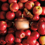 Copper pot with cinnamon sticks surrounded by red apples