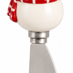 Snowman stainless steel cheese spreader with hand-painted stoneware holiday figural handle, 5.5 inches long.