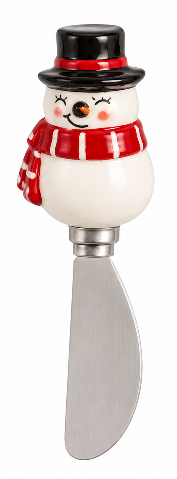 Snowman stainless steel cheese spreader with hand-painted stoneware holiday figural handle, 5.5 inches long.