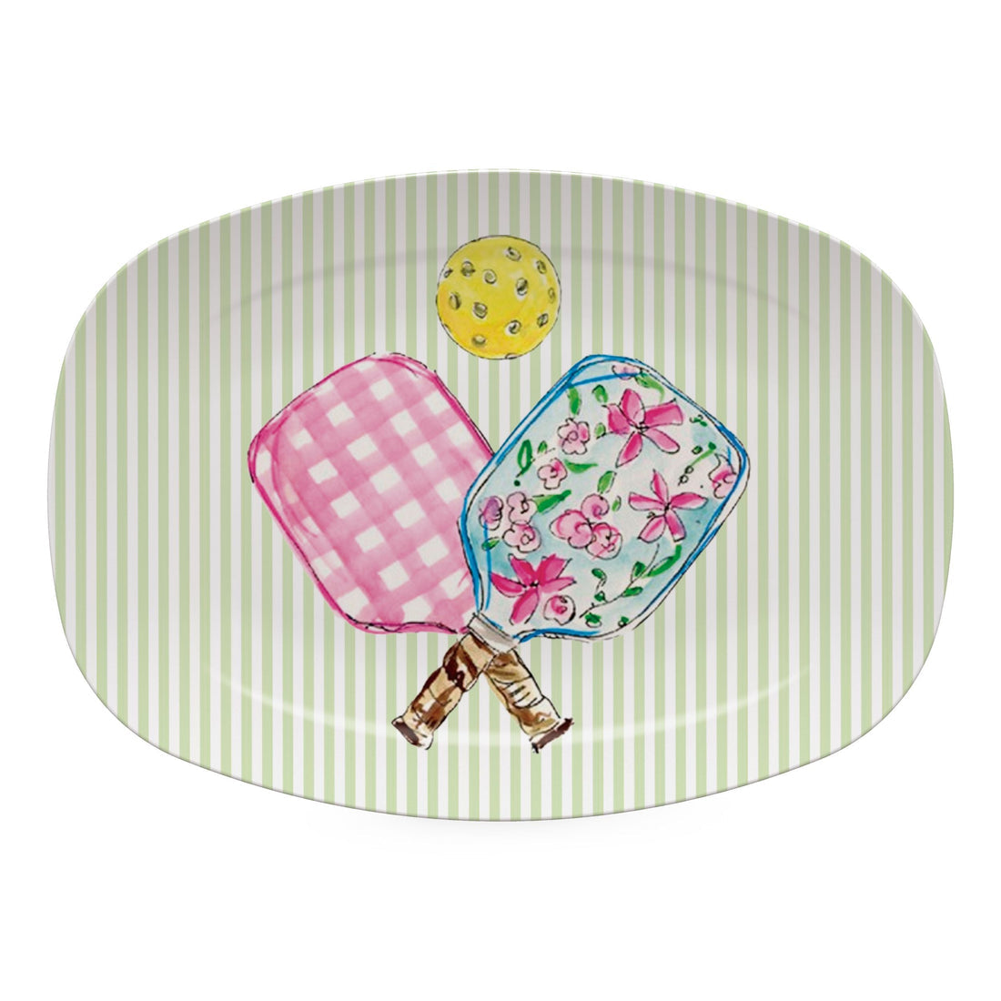 Mariposa Pickleball Double Paddle Platter featuring a watercolor crossed paddle design on TRAYchic resin platter
