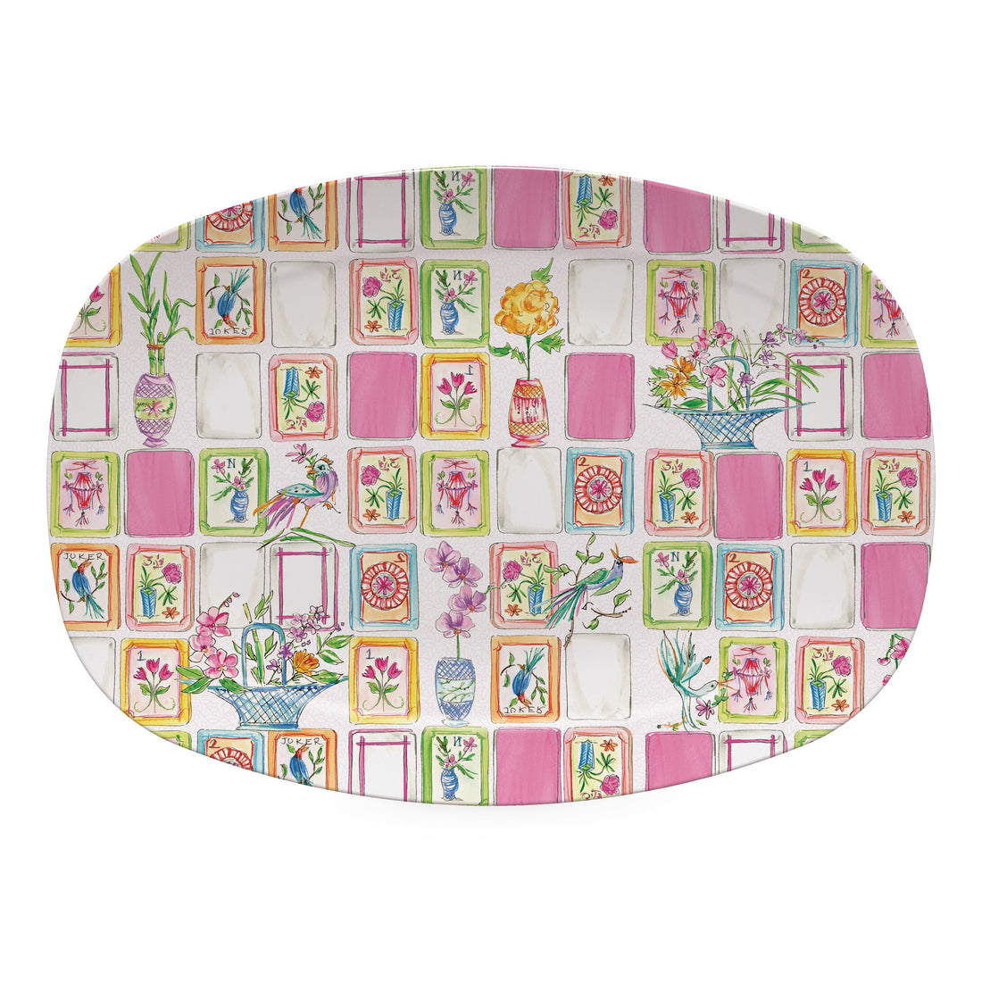 Mariposa Mahjong Tile Platter featuring Rosanne Beck watercolor tile motifs on TRAYchic resin platter
