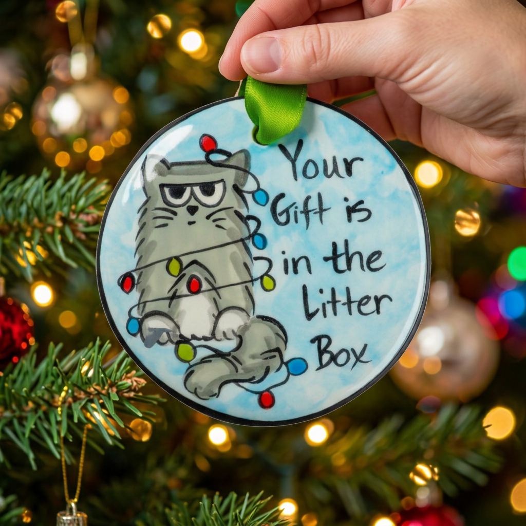 Decorative ornament with a cat illustration and text 'Your Gift is in the Litter Box' held by a hand.