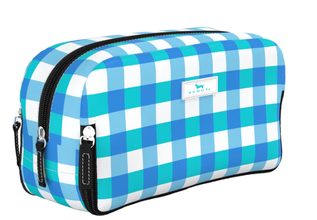SCOUT 3-Way Toiletry Bag medium shown with three zip compartments in a structured rectangular design, styled as a travel toiletry and makeup organizer pouch