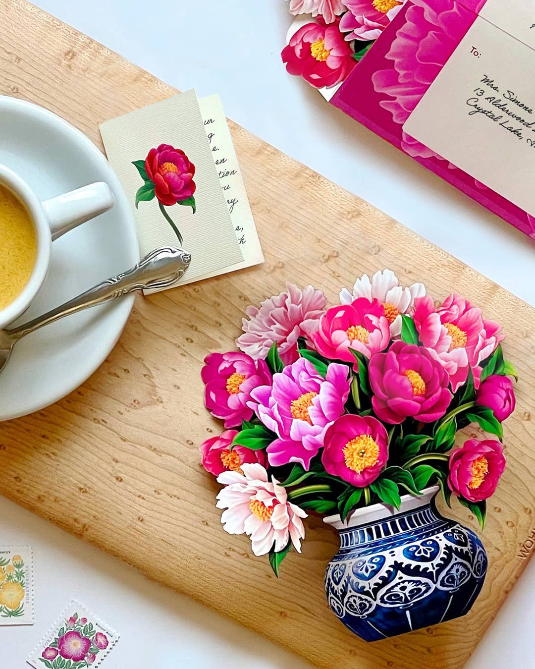 FreshCut Paper Mini Peony Pop-Up Card 3D Bouquet Fabvilla