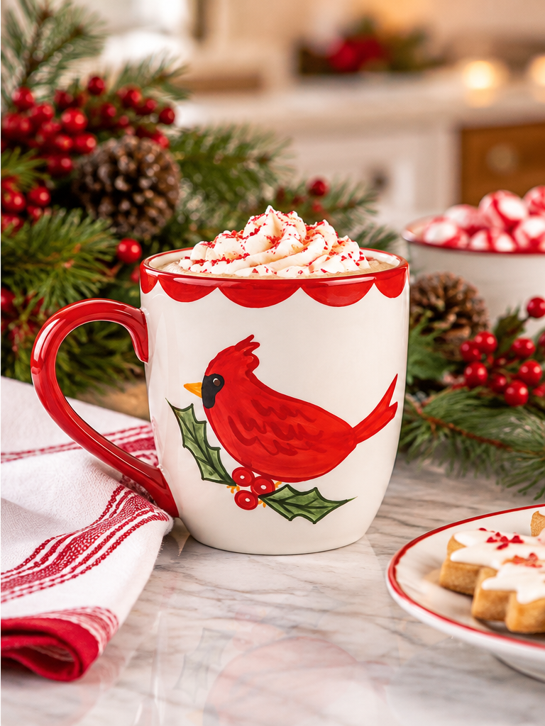 Hand-painted cardinal ceramic coffee mug with 18 oz capacity, dishwasher and microwave safe, gift for bird lovers.